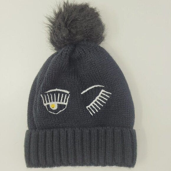 Cara New York Black Ribbed Pom Pom Embroidered Winking Knit Beanie - Picture 1 of 4